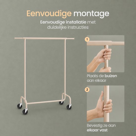 O'DADDY® Kledingrek - Kledingrek op Wieltjes - Kledingrek metaal - Kleding rek - Kledingrekken - Garderoberek - Kledingstang - Kledingrek - Uitschuifbare Kledingstang - Verstelbare Hangstang - Stabiel tot 130 kg - Beige