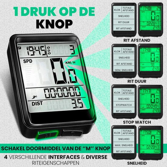 Strex Draadloze Fietscomputer - 17 Functies - Extra Groot Scherm - Draadloze Fiets Computer Draadloos Waterdicht - NL Handleiding
