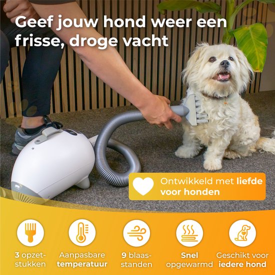 Nuvance - Hondenfohn - Waterblazer Hond - 2100W - met 3 Opzetstukken - Honden Droger - Waterblazer voor Honden - Verstelbaar Vermogen - Honden Fohn - Wit