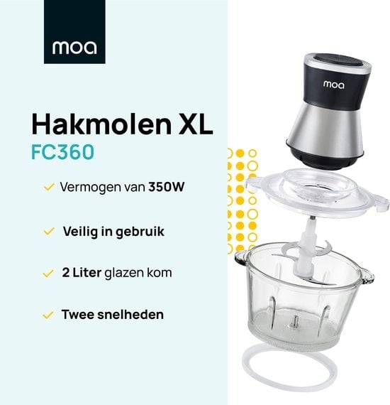 MOA Hakmolen XL - Food Chopper - 2 liter glazen kom - 4 messen - FC360