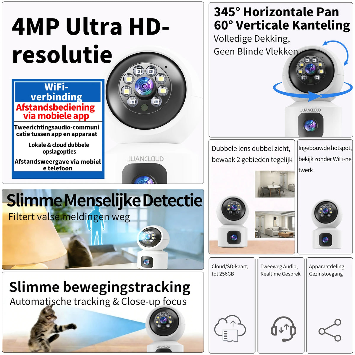 Juancloud Beveiligingscamera voor Binnen met Dubbele Lens - 2K Ultra HD met Nachtzicht - Tweewegaudio en AI-bewegingsdetectie - Wit
