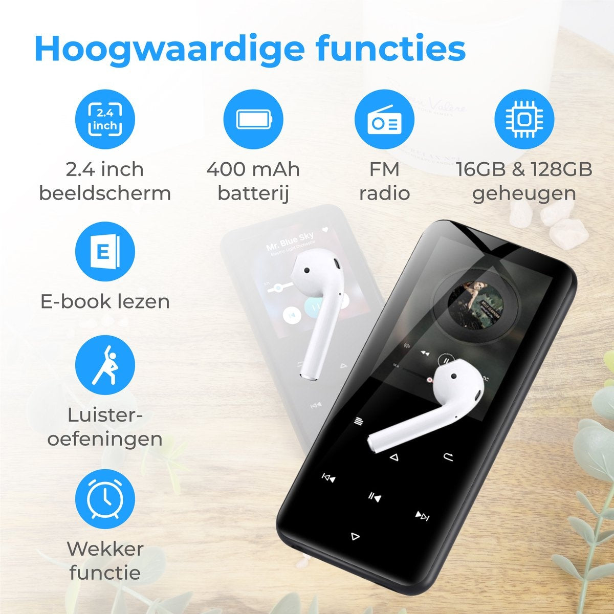 Nuvance - MP3 Speler Bluetooth - 16GB intern geheugen - Ondersteuning tot 128GB - Voice Recorder Digitaal - met FM Radio - Zwart