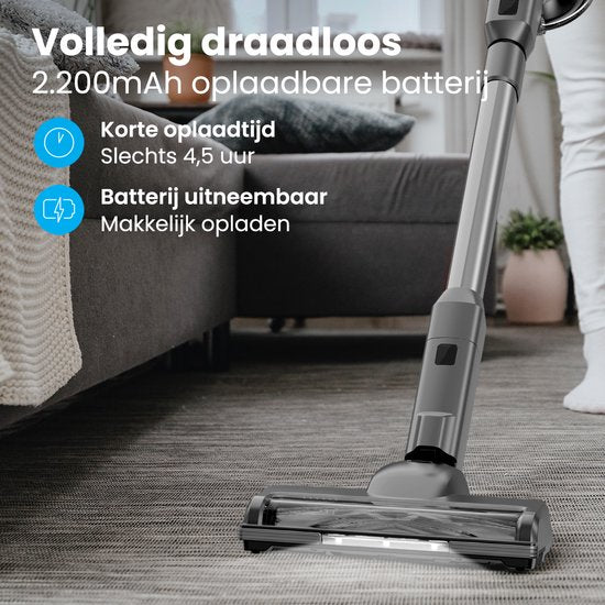 Auronic – Steelstofzuiger Draadloos – 220 watt & 23 kpa Zuigkracht – Voorzien Van Extra Accu En Wasbaar Hepa-filter – Tot 100 Minuten Gebruikstijd – Grijs Kunststof En Metaal