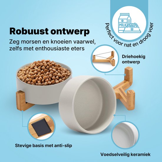 Jake and Jacky Voerbak Kat en Hond Keramiek - Voerbakken Dubbel met Standaard - Drinkbak - 2x 400 mL - Grijs