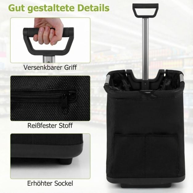 Coast Boodschappentrolley Zwart – Opvouwbare 50L Winkelwagen met 3 Vakken en Verstelbare Handgreep – 40 x 36 x 58/90 cm