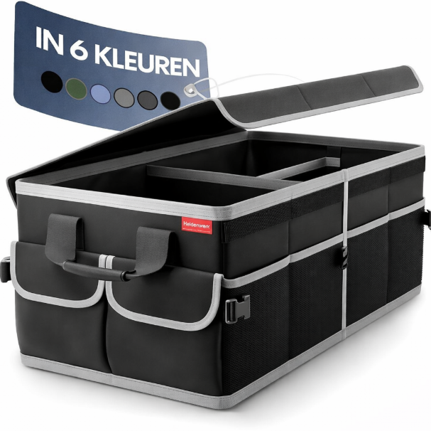 HELDENWERK Premium kofferbak organizer met deksel, stevig & antislip - Opvouwbare kofferbaktas, groot met dubbele bodem - Kofferbakbox, kofferbak organizer box