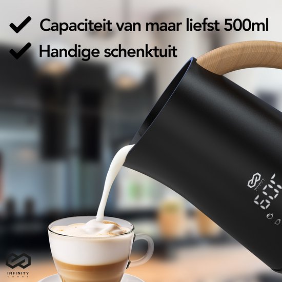 Infinity Goods Melkopschuimer - Elektrisch - 4 Functies - 500ML - Melkschuimer - Verwarmen - Antikleeflaag - Zwart