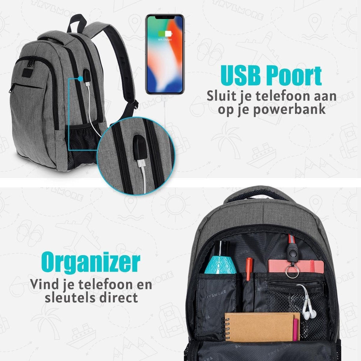 TRVLMORE Rugzak - 28L - 15,6 inch - Laptop Rugtas - Schooltas - Unisex - Spatwaterdicht Grijs