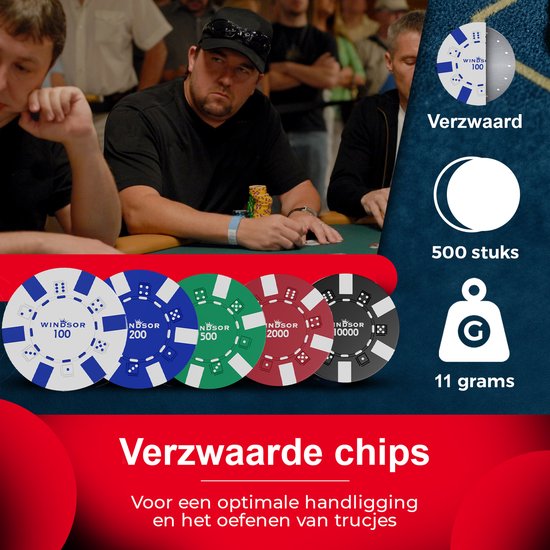 Windsor Pokerset - 500 Chips - PokerKleed - Blinds - Kaarten - Pokerchips - Poker Fiches