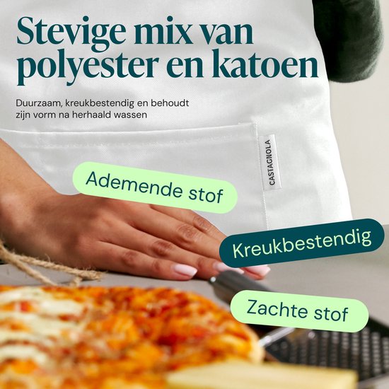 Castagnola keukenschort - Water- en vuilafstotend - Professioneel Kookschort - BBQ Schort voor Dames en Heren - Unisex - Verstelbare Gesp - Extra Grote Vakken - Wit