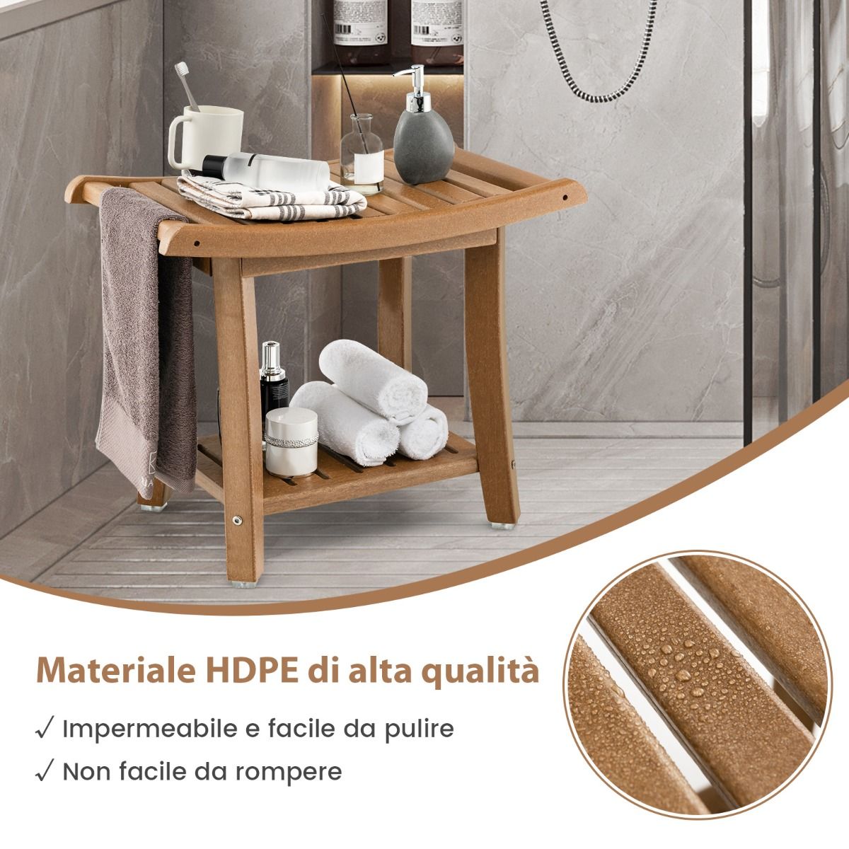 Coast Douchekruk - waterdicht - gebogen zitting - opbergplank - bruin - 60,5 x 34 x 48 cm