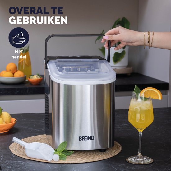BREND BR-2213 IJsblokjesmachine met Schep en Lekbak - Grote L of Kleine S Ijsklontjes - Draagbare IJsblokjesmaker – 10 kg in 24 uur - Zilver