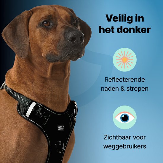 Jake & Jacky Hondentuig – Anti-Trek Y-tuig met Reflecterende Naden – Maat L – Zwart
