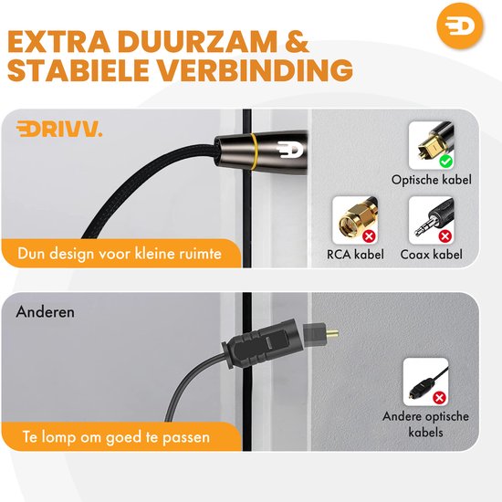 Drivv. Premium Toslink Optische Kabel Nylon - Optische Audiokabel - Optical Audio Kabel - Soundbar - Male to Male - 5 meter - Zwart