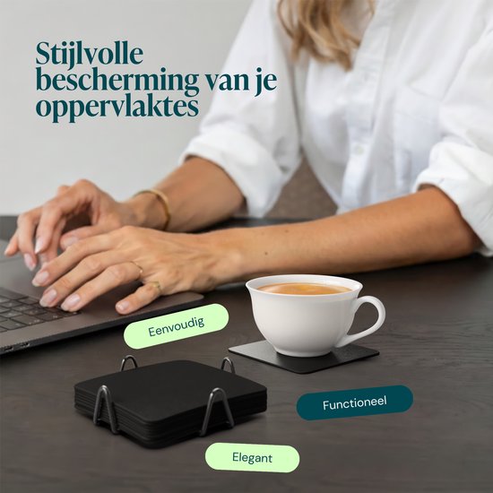 Castagnola Kunstlederen Onderzetters – Onderzetters voor Glazen – Design Onderzetters met Houder – Leren Onderzettersset met metalen houder – Leder – Set van 10 - Zwart - 10x10cm