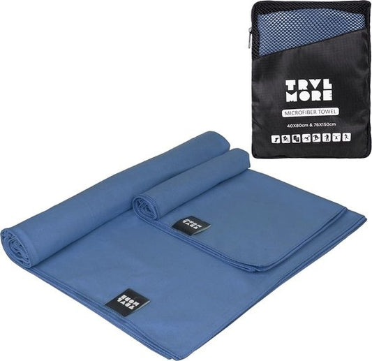 TRVLMORE Microvezel Reishanddoek Set - 2 Stuks - Small (40 x 80 cm) & Large (76 x 150 cm) - Microvezel - Donkerblauw