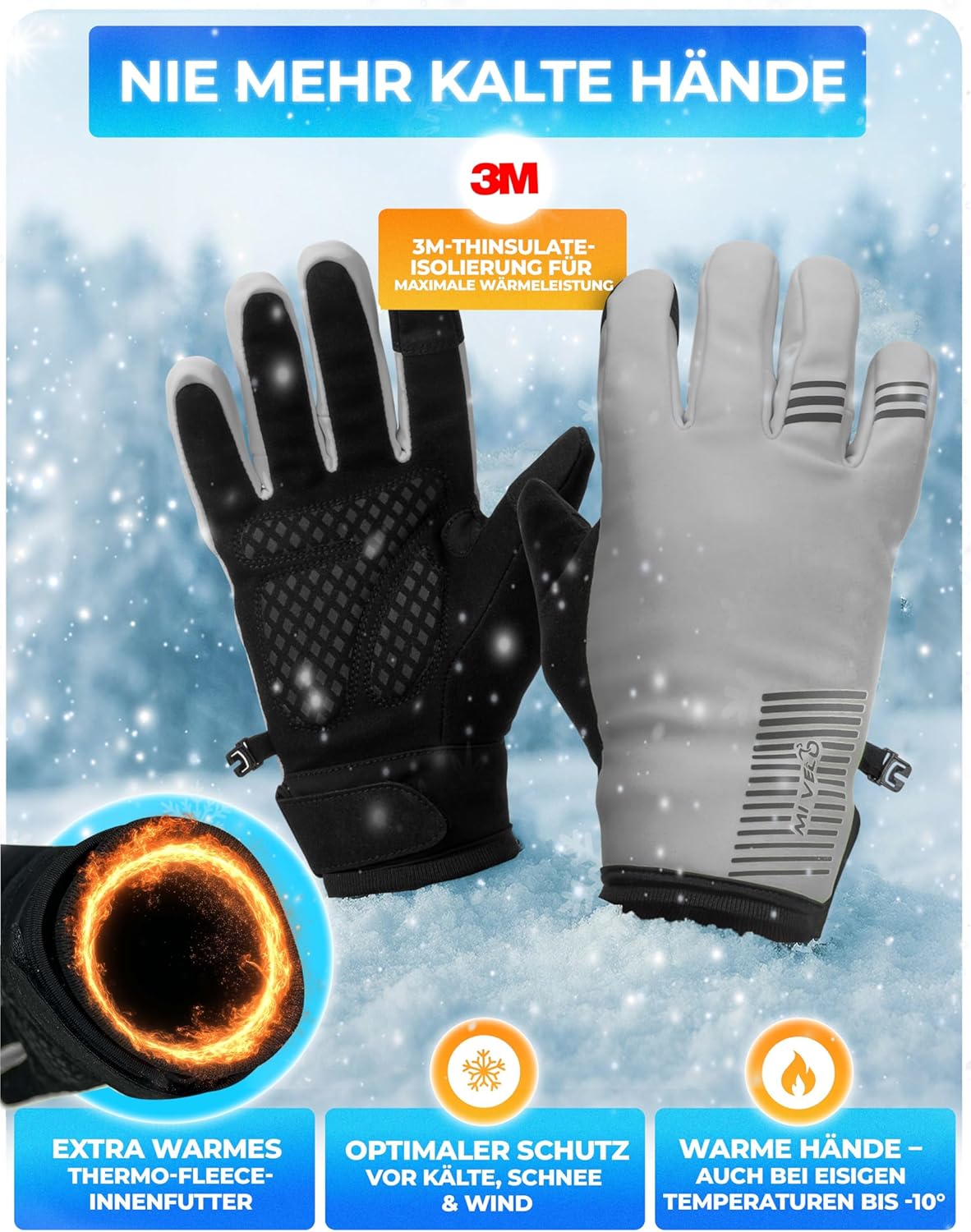 Mivelo Winterhandschoenen - Wind- & Waterdicht - Warm - Touchscreen & Antislip - Volledig Reflecterend - Maat M