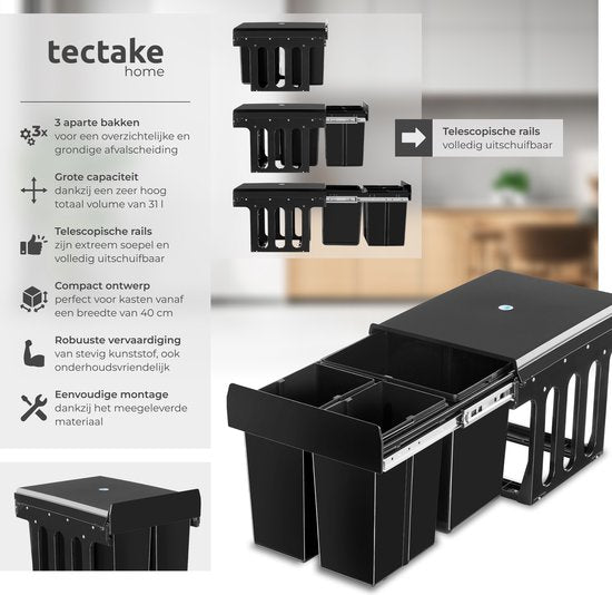 tectake® Afvalverzamelaar - Inbouw vuilnisbak - Meervoudige afvalscheiding - Efficiënte opruimoplossing voor keuken en kantoor - Driedubbele prullenbak met telescooprails - 2x 8L + 1x 15L