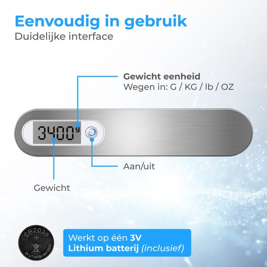 Nuvance - Digitale Kofferweegschaal - Bagageweegschaal tot 50 KG - Inclusief Weeghaak en Batterij - Bagageweger - Hangweegschaal  - Grijs/Wit