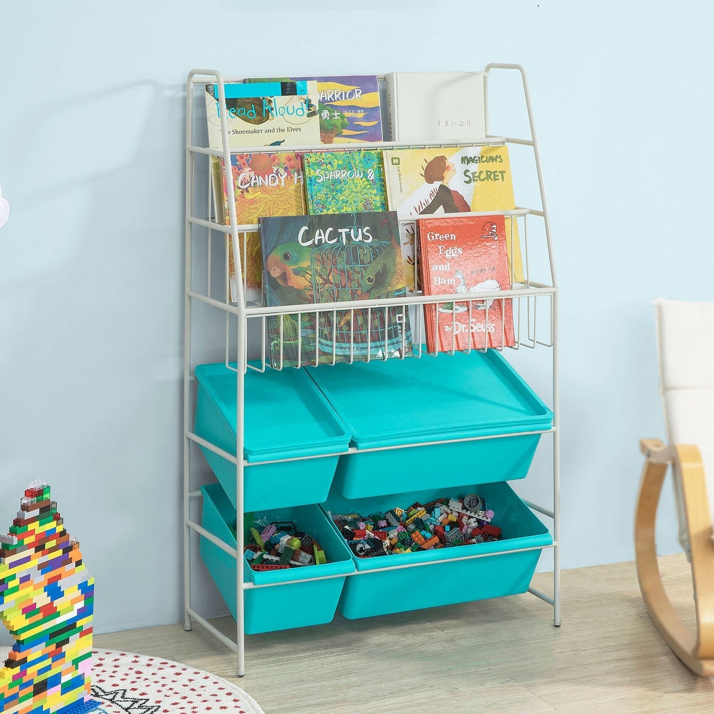 SoBuy Opbergrek voor Kinderen - Met boekenkast - Max. 50 kg - 61 x 25 x 102 cm - Blauw / Wit