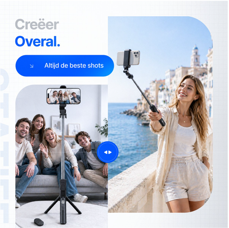 Studio ME Bluetooth Tripod Selfiestick – Afstandsbediening, Telefoonhouder En Kantelhoek – Voor Smartphone Foto En Video – Zwart Kunststof – 18 tot 66 cm