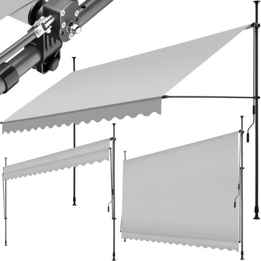 tectake - klemluifel - Zonnescherm – Zonneluifel - Verstelbaar - Klem-zonwering - Zonnescherm Balkon - 400 x 180 cm - lichtgrijs – zonwering - 404970