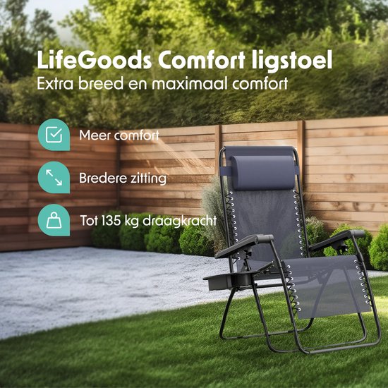 LifeGoods Opvouwbare Tuinstoel - Ligstoel Tuin - 30°-90° Verstelbaar - Metaal - Blauw