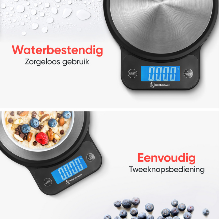 Kitchenwell Keukenweegschaal - Digitaal - 1g-10kg - LCD - Waterbestendig