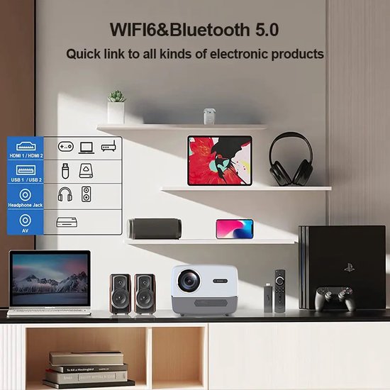 Fuegobird A6 Beamer - 1080P Full HD - Smart Home Projector - Ondersteuning 4K - Android TV 9.0 - 450 ANSI - Streamen met IOS & Android - Autofocus en 4D keystone - 2GB RAM+32GB ROM - WiFi6 - 2.4G/5G WiFi - BT5.0 - Netflix/Prime Video/Youtube - Grijs
