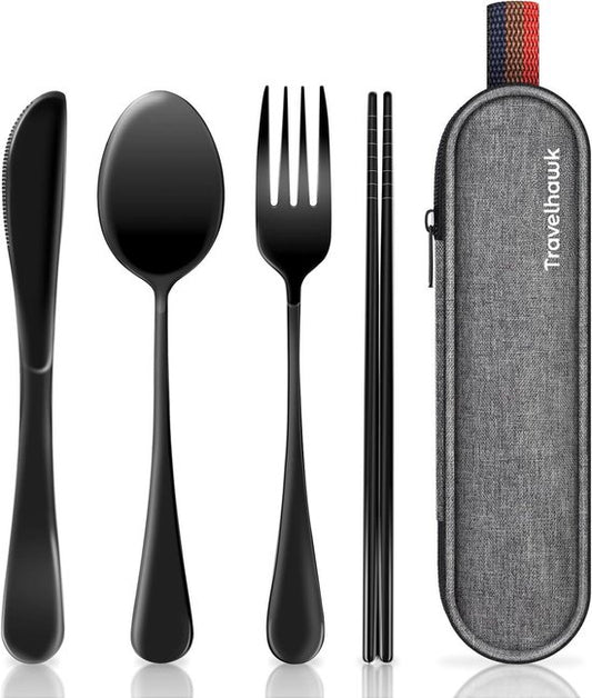Travelhawk Reisbestek - bestek to go - meeneem bestek - Reis bestek - Inclusief Handige Draagtas - Zwart