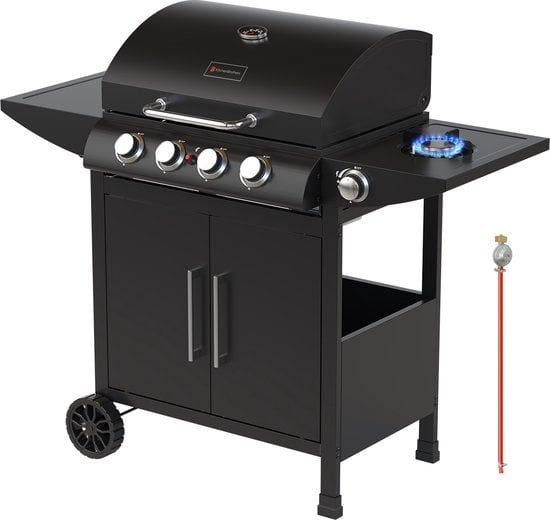KitchenBrothers Gasbarbecue Incl.  Zijbrander - 5 Branders - Met Gasaansluiting - 42x57cm Grilloppervlak - Zwart