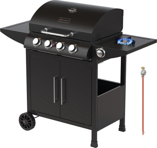 KitchenBrothers Gasbarbecue Incl.  Zijbrander - 5 Branders - Met Gasaansluiting - 42x57cm Grilloppervlak - Zwart