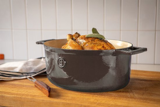 Saveur Voyage Braadpan Ø30 cm – Ovaal Gietijzer – PFAS-vrij – Geschikt voor Inductie & Oven – Grijs – Voor Grote Maaltijden, Stoven & Slowcooking