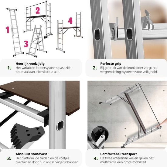 TecTake 3-in-1 Multifunctionele Ladder & Steiger - Verstelbaar – 150 kg Draagvermogen – Max. Hoogte 275 cm –Zilver