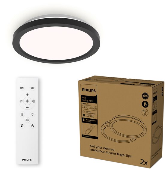 Philips All-In-One Plafondlamp - 2-Pack - Met Afstandsbediening - 24W - LED-verlichting - Warm- tot Koelwit licht; 2700K tot 6500K - 30 cm - Zwart - Rond