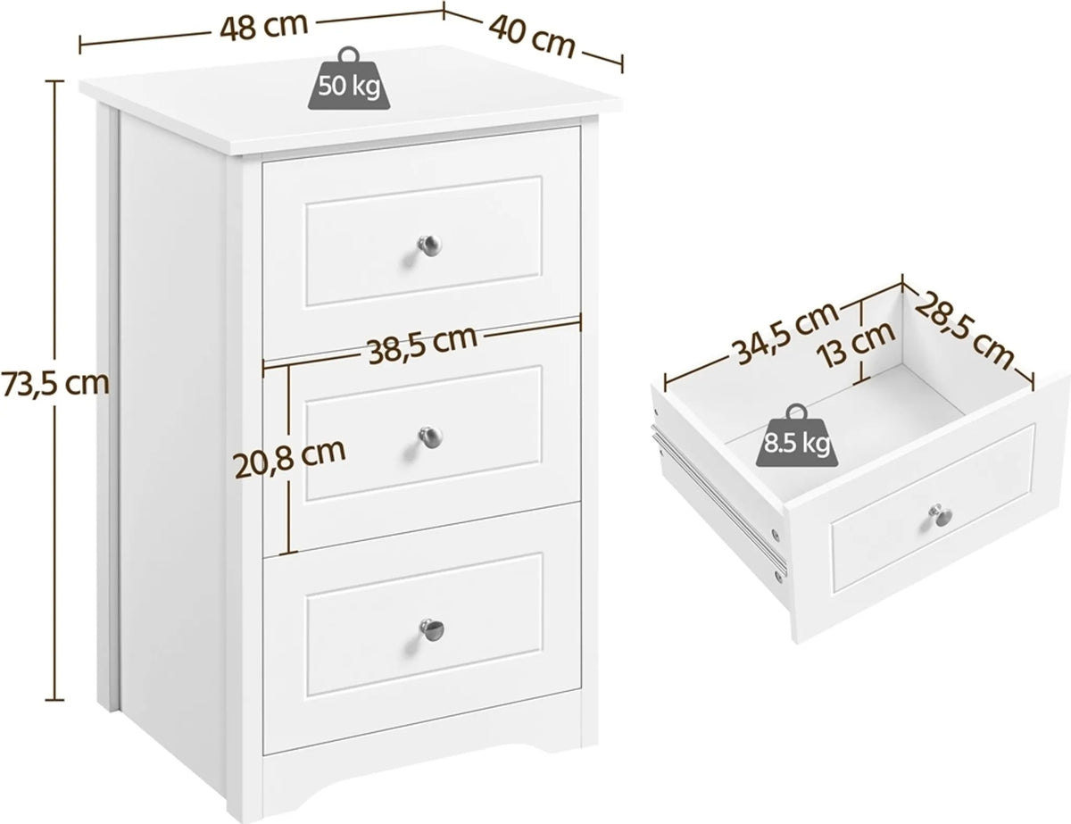 Yaheetech Nachtkastje met 3 lades - Voor naast je boxspring - 48 x 40 x 73,5 cm - Wit