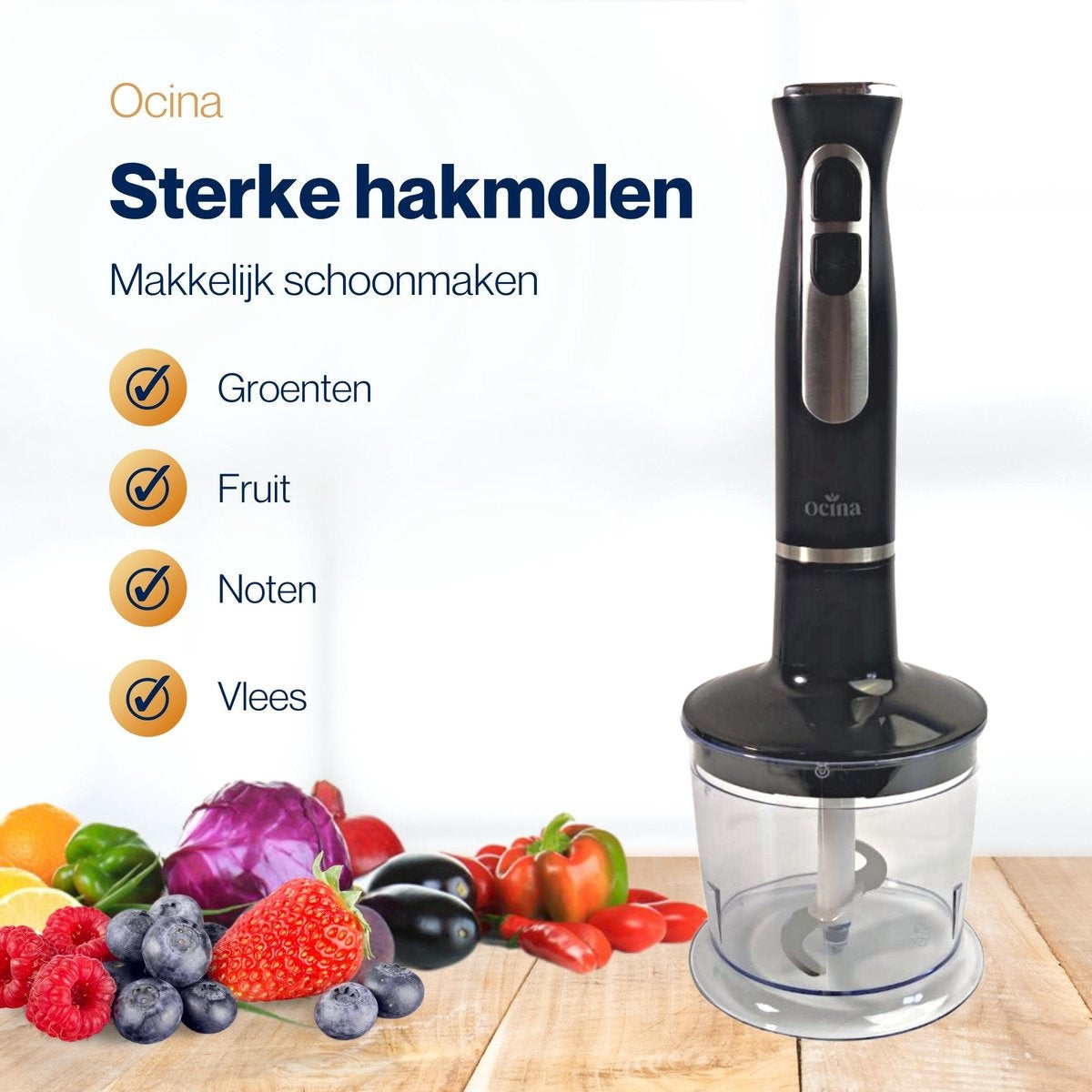 Ocina Staafmixer Set - 5-in-1 Mixer met Hakmolen - 800W - 600ML - RVS/Zwart