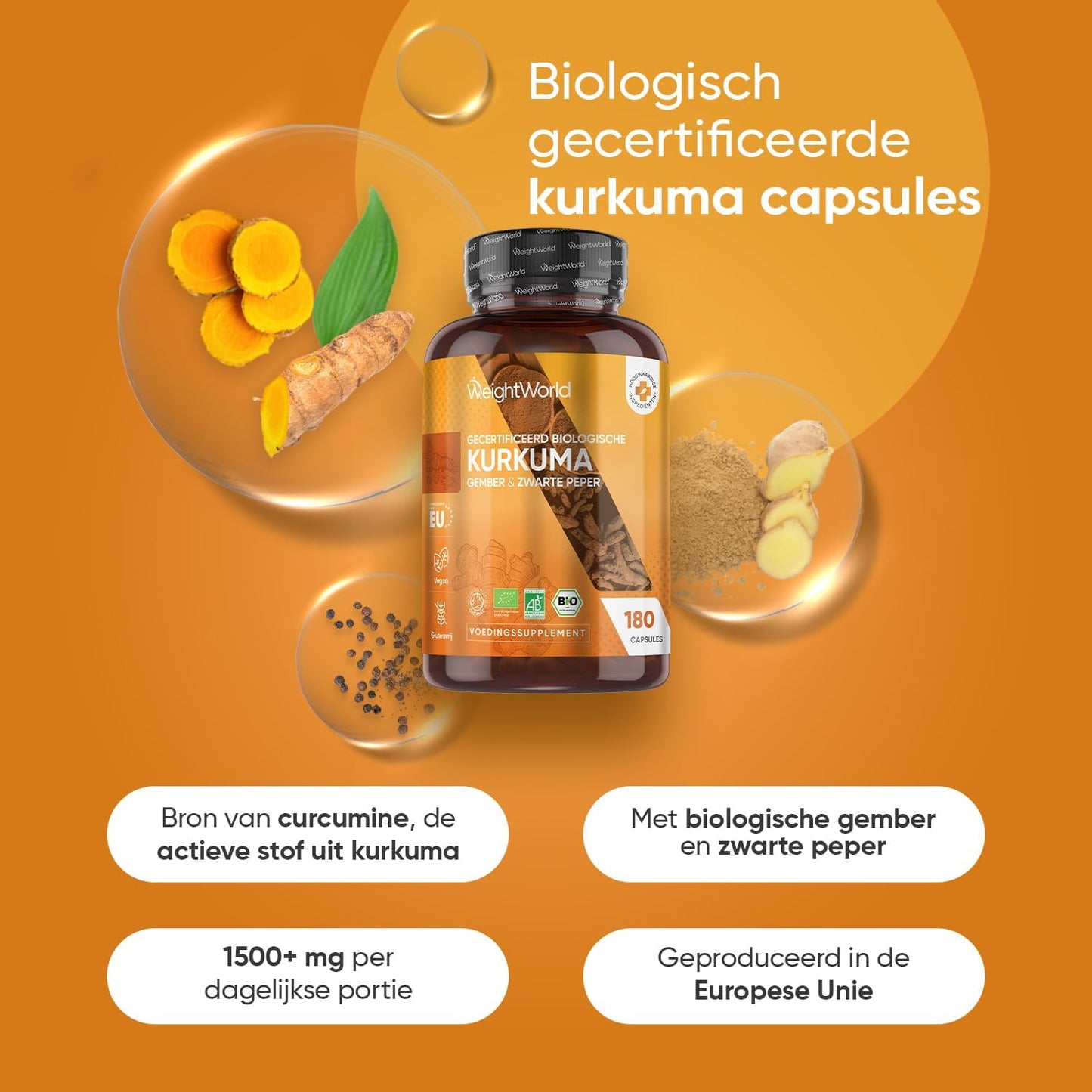 WeightWorld Biologische Kurkuma Capsules 1520 mg – Met Gember & Zwarte Peper – 180 Vegan Capsules – 3 Maanden