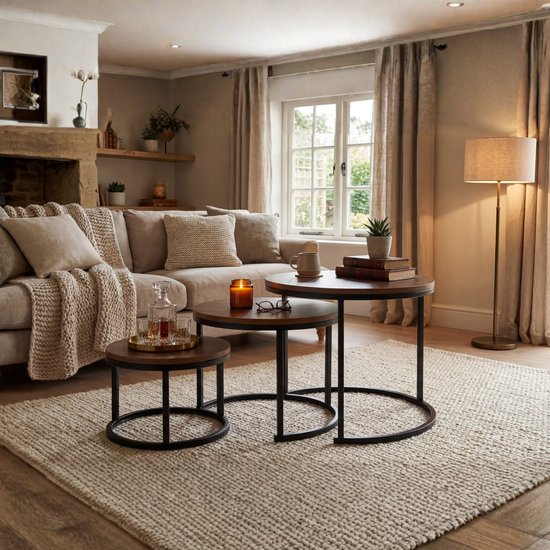 Bayt Salontafel - Salontafel Set - Ronde Salon tafel - Set 3 stuks - Bijzettafel - Koffietafel - Hout - Bruin