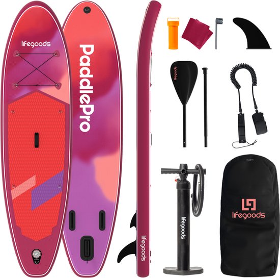 LifeGoods SUP Board Allround Compact - 100 KG Draagkracht - 300 x 76 cm - Opblaasbaar - Compleet SUP pakket - Rood/Lila
