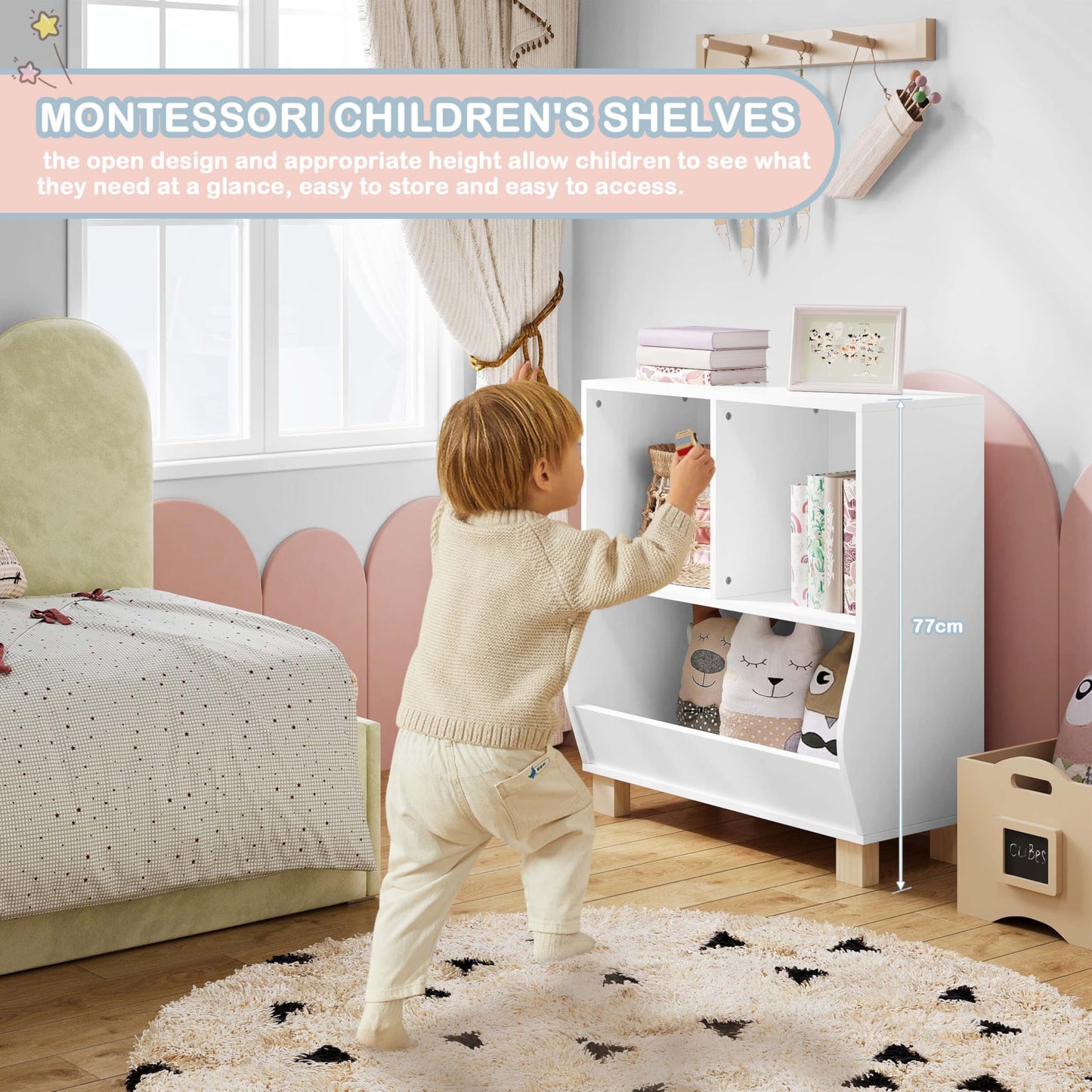Lestarain Montessori kinder boekenkast - wit - 3 vakken - met massief houten poten - 71,5 x 77 x 34,5 cm