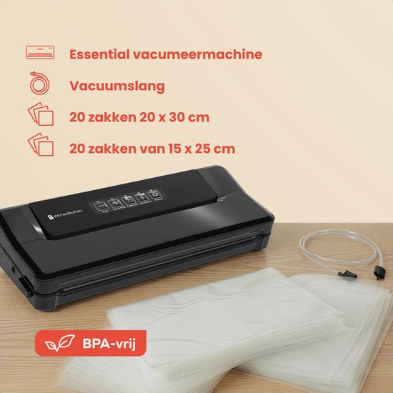 KitchenBrothers Vacumeermachine Essential - 4,5L/min. - Vacuüm Sealer - BPA-vrij - 4 Standen - Incl. 40 Vacumeerzakken en Vacuumslang - Zwart