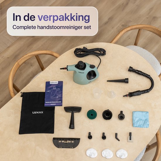 LUMAN 16 in 1 Stoomreiniger C3 - Stoomvergrendelingsfunctie - Handstoomreiniger - Handstomer - Vlekkenreiniger - Tapijtreiniger - Incl. Opbergtas en 16 Opzetstukken - 1050 Watt - 450 ML - Groen