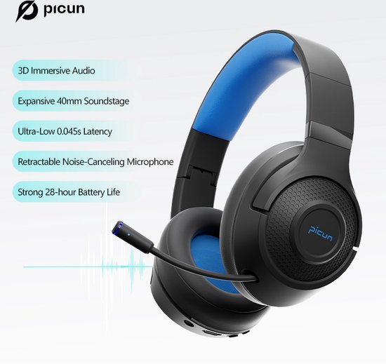 Picun BG-01 Draadloze Koptelefoons - Gaming Headset - Over-ear - Dubbele modus （Bedrade/Bluetooth）- Multi platform - Zwart blauw