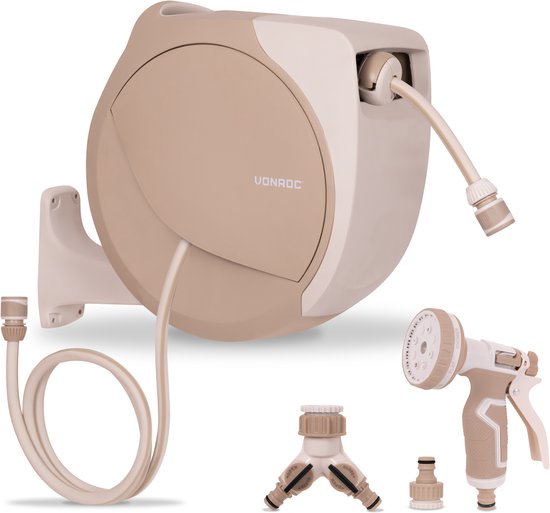 VONROC Automatische slanghaspel – wandslangbox – Incl. 20m premium tuinslang, 8-standen broespistool en koppelingen – beige