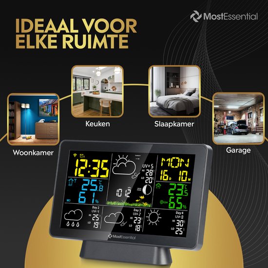 MostEssential Weerstation Wifi Edition - Draadloos Weerstation met Buitensensor - Hygrometer - Binnen en Buiten - 150 Meter Bereik - Inclusief App - Zwart - 2 sensors