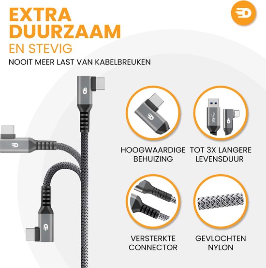 Drivv. USB naar USB C Kabel - Haaks - 2024 Model - USB C Data en oplaadkabel - Fast Charge / Snellader - 1.5 Meter Kort - Geschikt voor Samsung, iPhone 15 en Meer - Grijs