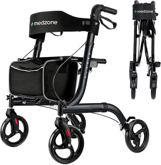 Medzone Rollator Lichtgewicht en Opvouwbaar - Binnen en Buiten - Zitfunctie - Rugleuning en Wandelstok Houder - Zwart