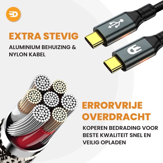 Drivv. USB C Kabel naar USB C 3.2 - 100w Snellader - 4K 60Hz - 20GBs - 3 Meter - Geschikt voor Samsung, Macbook, iPhone 15 & Meer - Nylon - Grijs
