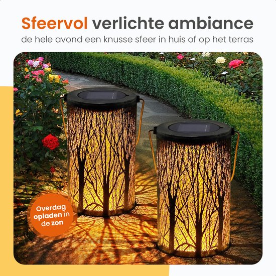 Goliving Solar Tafellamp Oasis – Buitenlamp – 2 Stuks – Buiten Lantaarn – Tuinverlichting op Zonne-energie – LED Buitenverlichting – Hanglamp – 20 cm – Metaal – Brons
